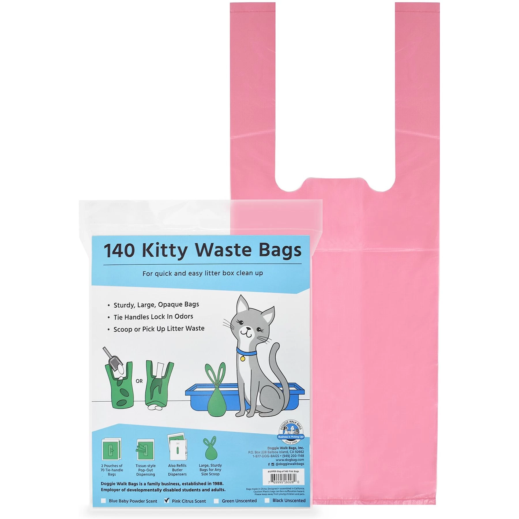 Doggie Walk Bags Citrus Scented Tie Handle Cat Litter Bags, Pink, 140 Count 2 Doggie Walk Bags Citrus Scented Tie Handle Cat Litter Bags, Pink, 140 Count