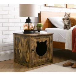 Sweet Barks Enclosed House Side Table Cat Litter Box, Rustic Brown -Purrfect Litter Shop 354503 PT5. AC SS1800 V1640040755