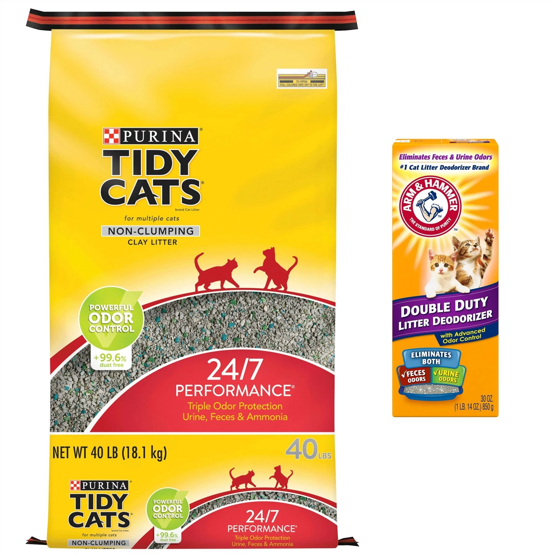Tidy Cats 24/7 Performance Scented Non-Clumping Clay Cat Litter & Arm & Hammer Litter Baking Soda Double Duty Cat Litter Deodorizer 3 Tidy Cats 24/7 Performance Scented Non-Clumping Clay Cat Litter & Arm & Hammer Litter Baking Soda Double Duty Cat Litter Deodorizer